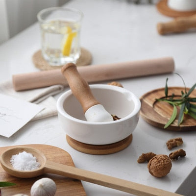 Ceramic Mortar And Pestle With Wood Handle
