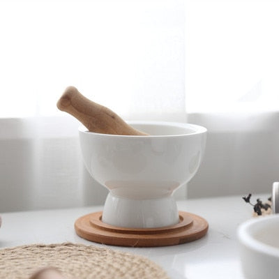 Ceramic Mortar And Pestle With Wood Handle
